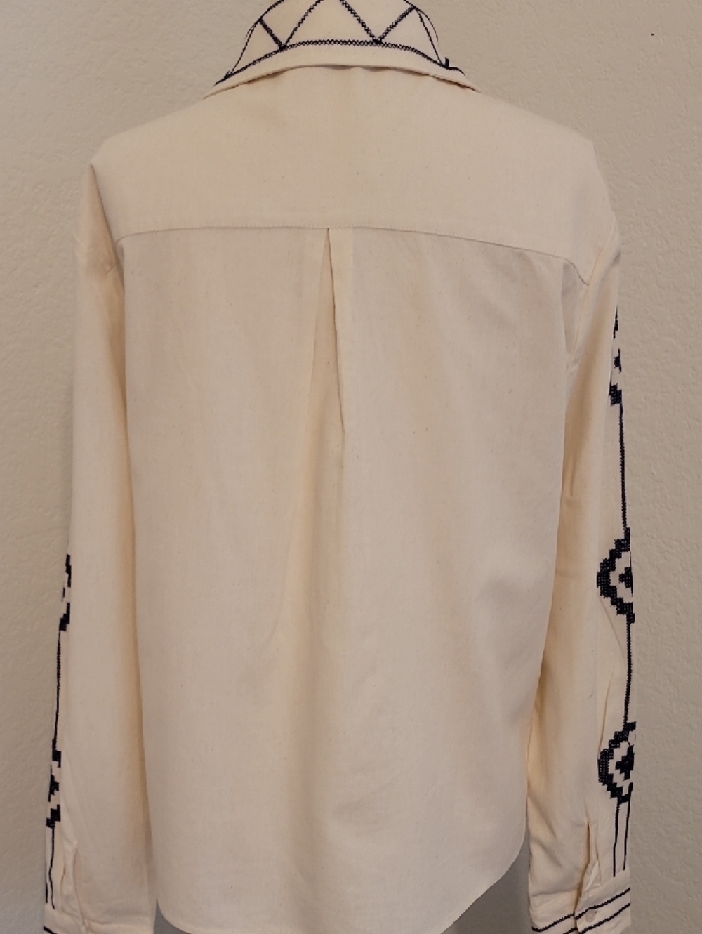 Cream Button-Down Shirt with Navy Embroidery - Picture 5 of 7